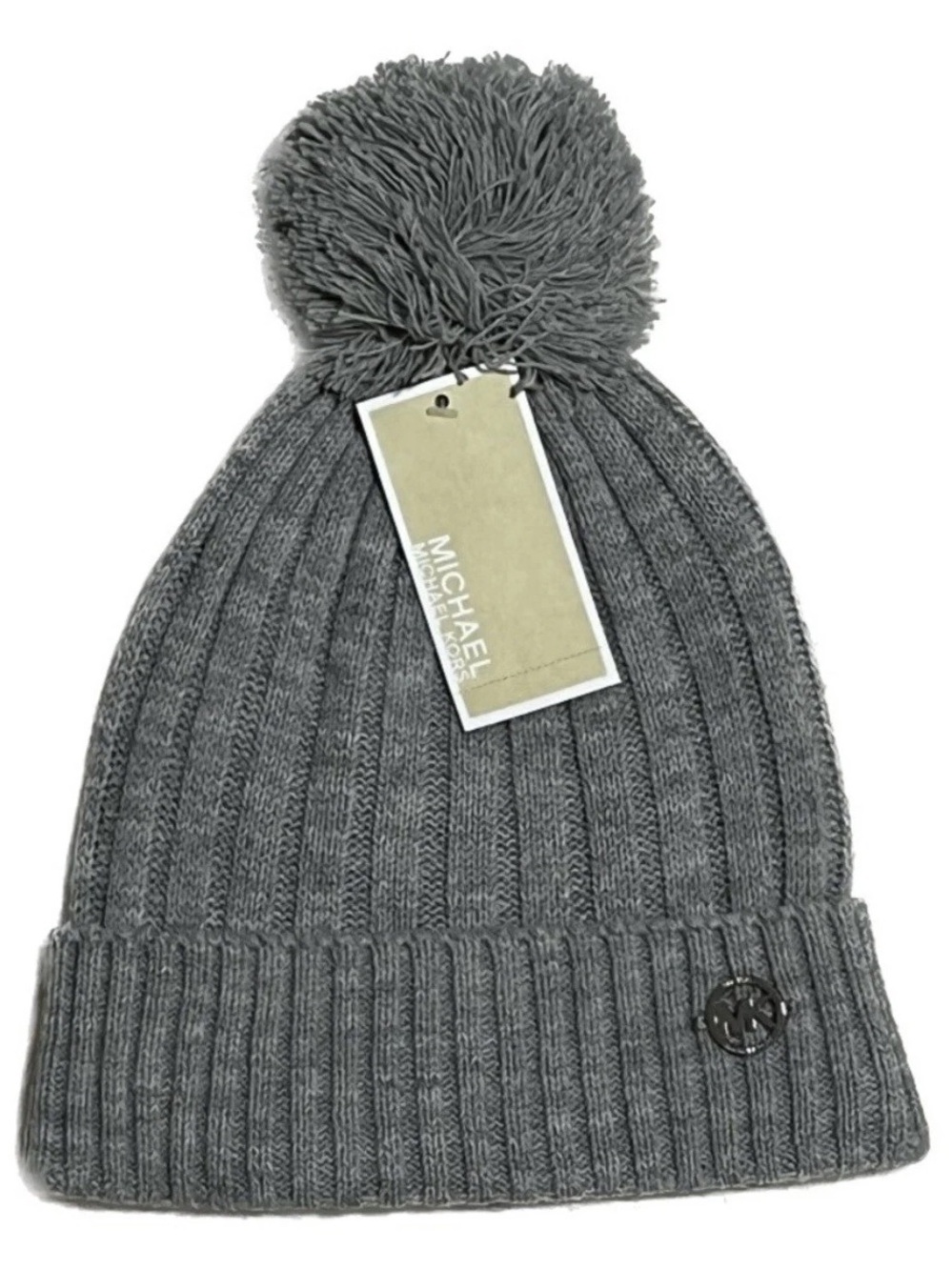 Michael Kors Pom Pom Ribbed Knit Beanie Hat Heather Gray One Size NWT